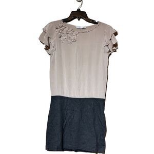 Trina Turk Silk Dress Size 2 Beige Floral Appliqué Knee Length Party Wedding